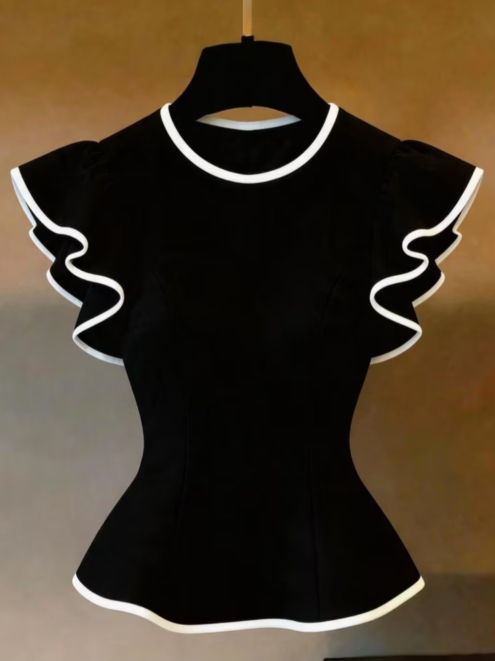 Black Ruffle Sleeve Contrast-Trim Top